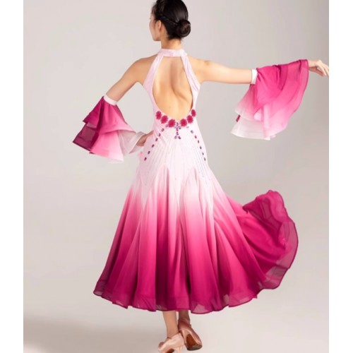 Customized size pink gradient flowers competition ballroom dance dress for women young girls gemstones bling waltz tango flamenco dancing long gown for female